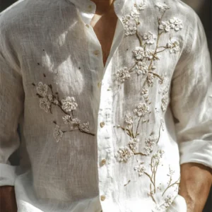 Men's Classy White Almond Blossom Embroidered Linen Shirt